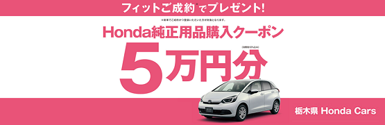 【栃木県Honda Cars】フィットご成約で用品クーポン5万円分プレゼント‼