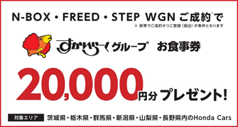【栃木県Honda Cars】N-BOX・FREED・STEP WGNご成約ですかいらーくグループお食事券20,000円分プレゼント‼